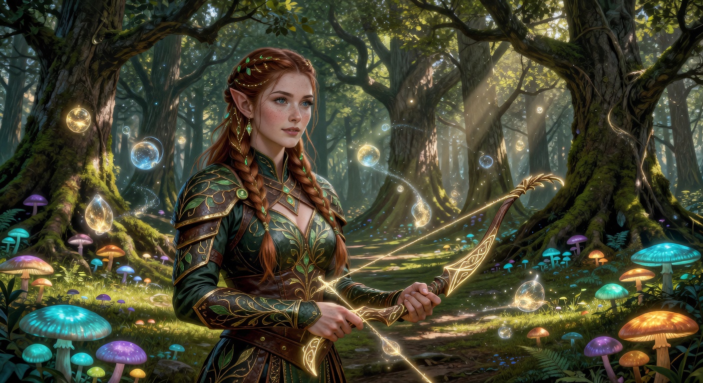 Wood elf ranger in sunlit forest