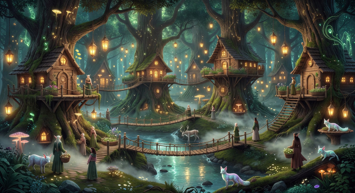 Magical elven village at twilight